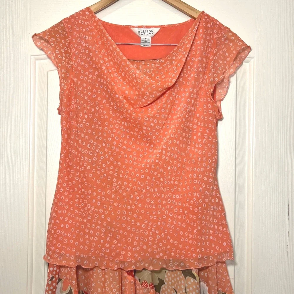 Vintage 90s Allison Taylor Orange Floral Patchwork Skirt Set Cowl Neck Top M